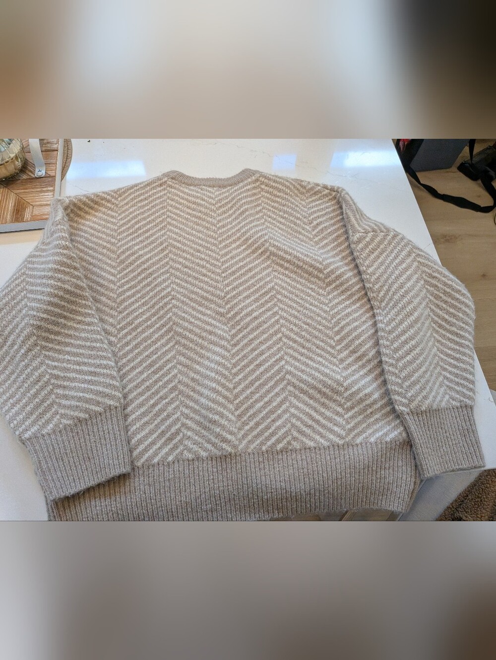 Oak And Fort Chevron Knit Crewneck Sweater - Beige & Cream Wool Blend X Small